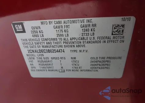 2011 Chevrolet Equinox 1Lt from USA, damaged, VIN 2CNALDEC3B6254474